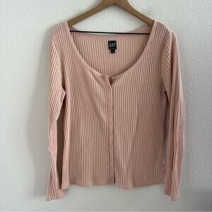 GAP Pink Ribbed Long Sleeve Button Front Knit Top Shirt Blouse XL